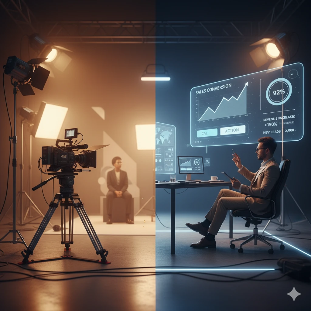 commercial video production setup showing cameras, lighting, and marketing analytics driving brand sales