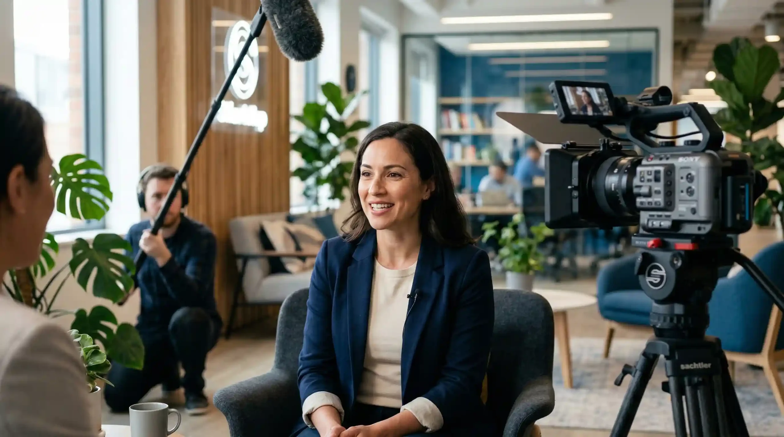 Business testimonial video being filmed with client on camera.