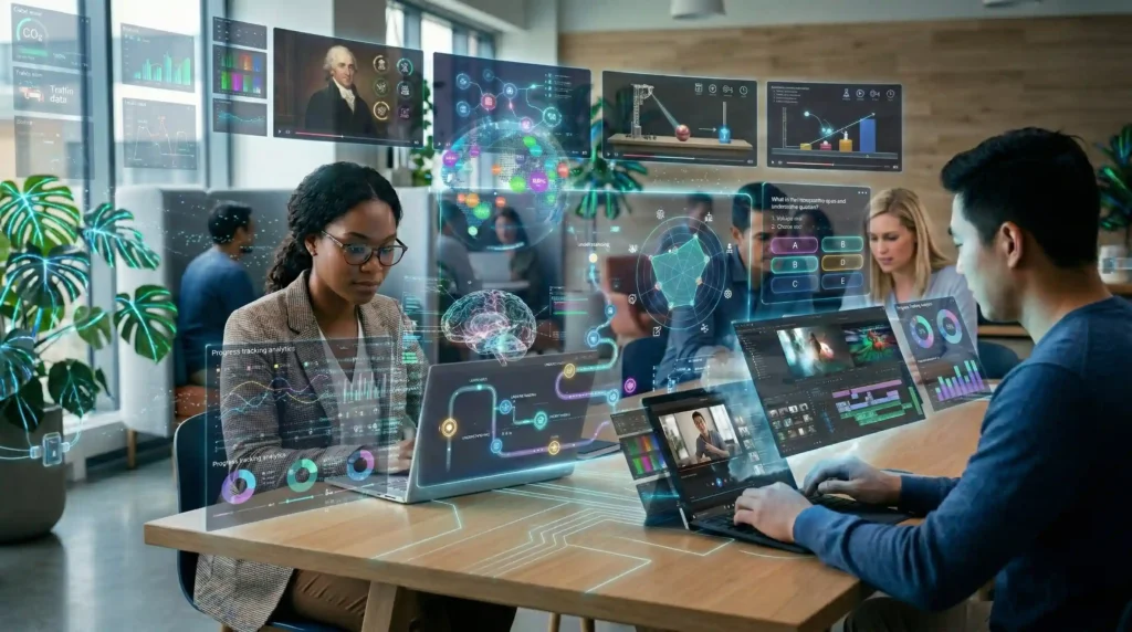 Interactive corporate e-learning video training session.