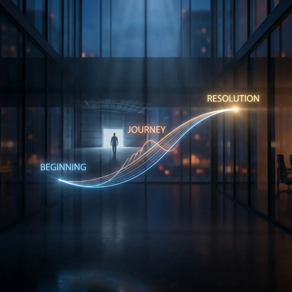 Visual corporate storytelling journey from challenge to resolution