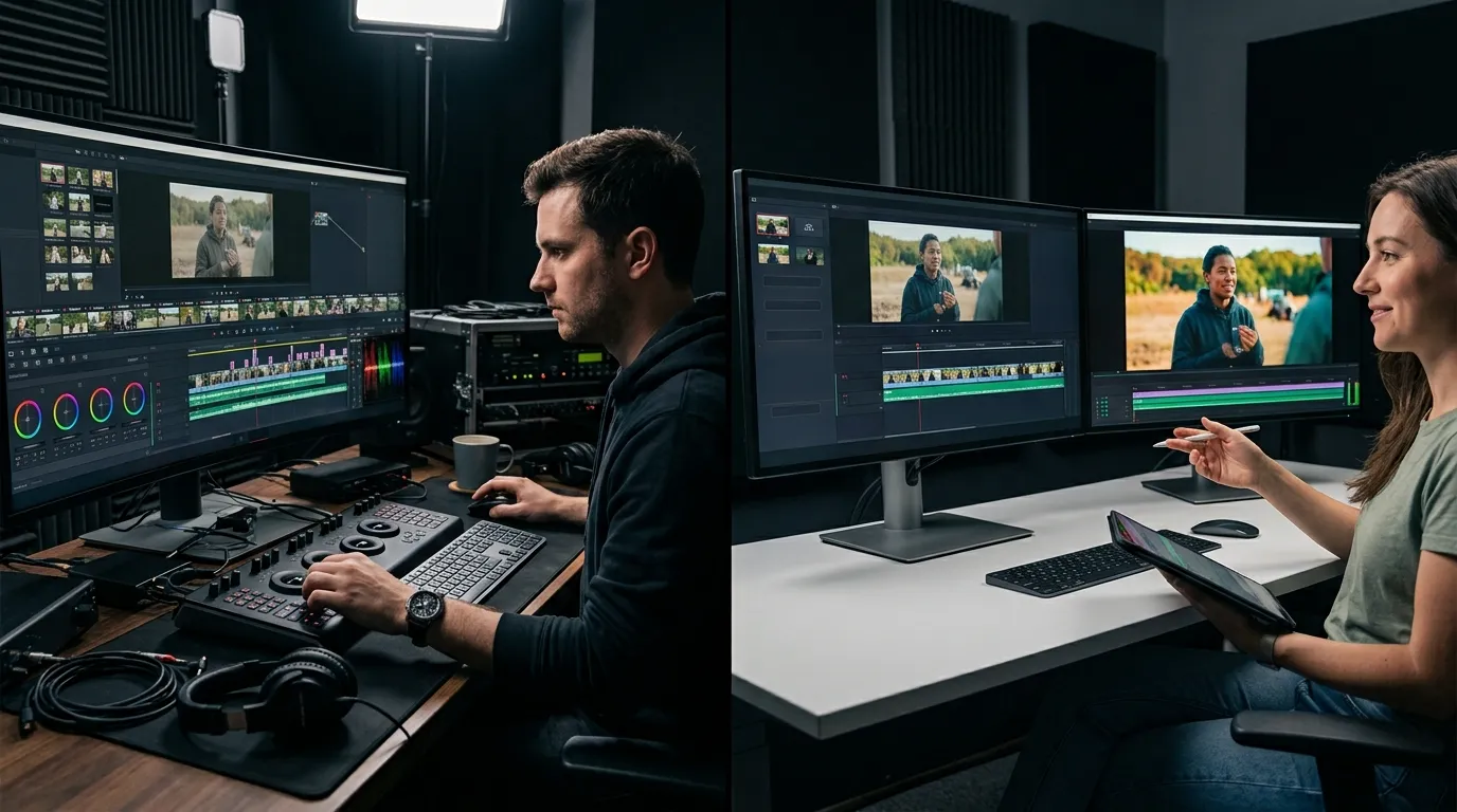 Professional video editor using AI-assisted video editing software for rough cuts, color grading, subtitles, and post-production.