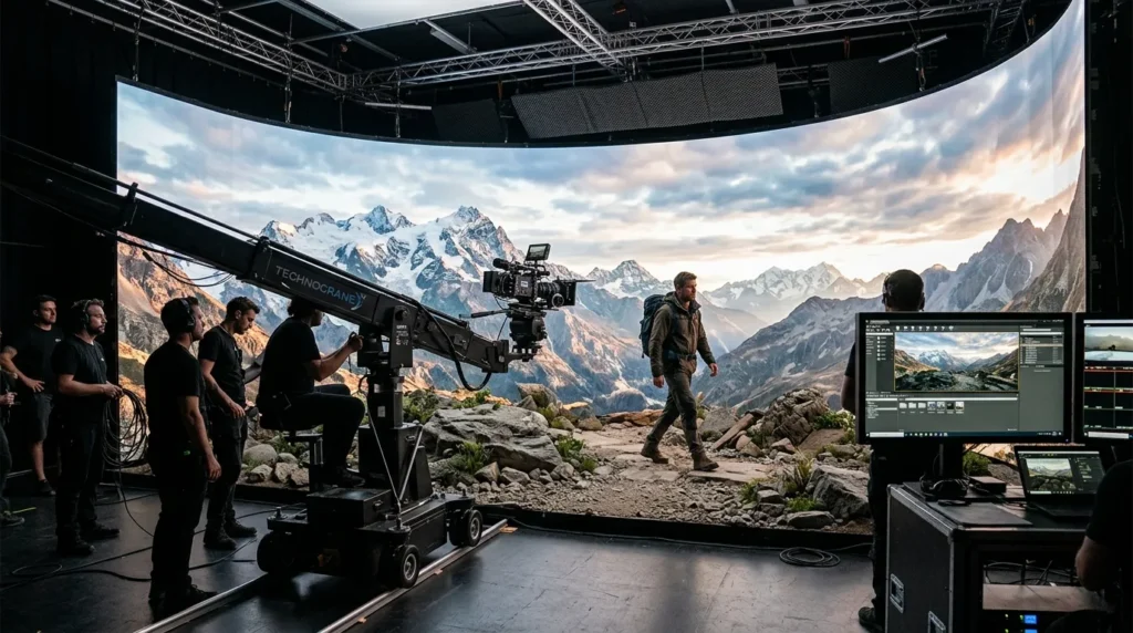 Real-time virtual production studio using an LED volume wall to create photorealistic environments for filmmaking and advertising.