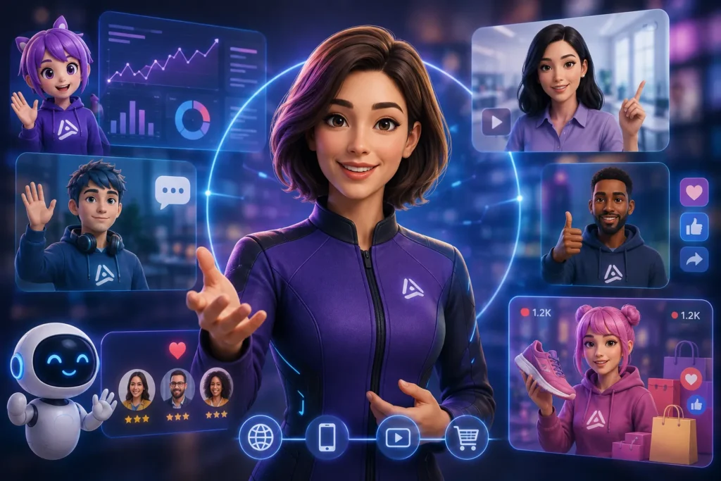 AI-generated brand mascot and digital human engaging customers through personalized marketing, virtual assistance, and interactive brand experiences.